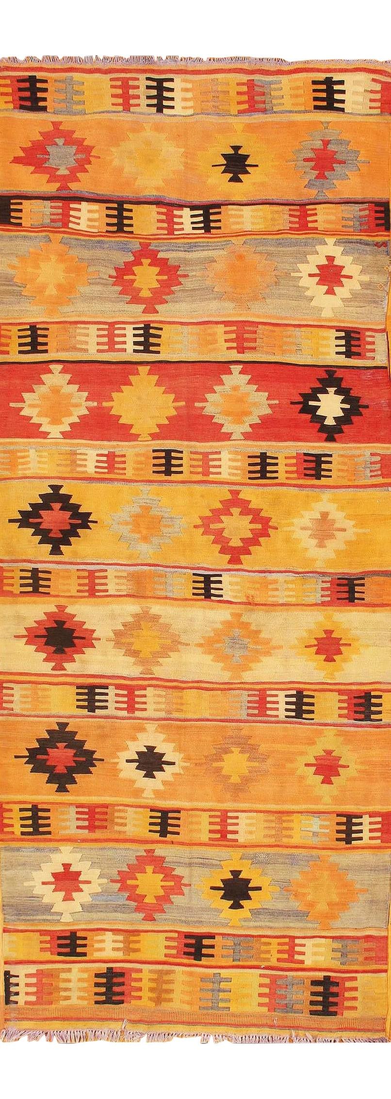 Vintage Turkish Kilim Runner Rug Wool Geometric Design Yellow 3'6" x 8'1": Vintage Turkish Kilim Runner Rug Wool Geometric Design Yellow 3'6" x 8'1" This mid-20th century Turkish Kilim rug showcases a stunning allover geometric motif set against a vibrant yellow field. Handw