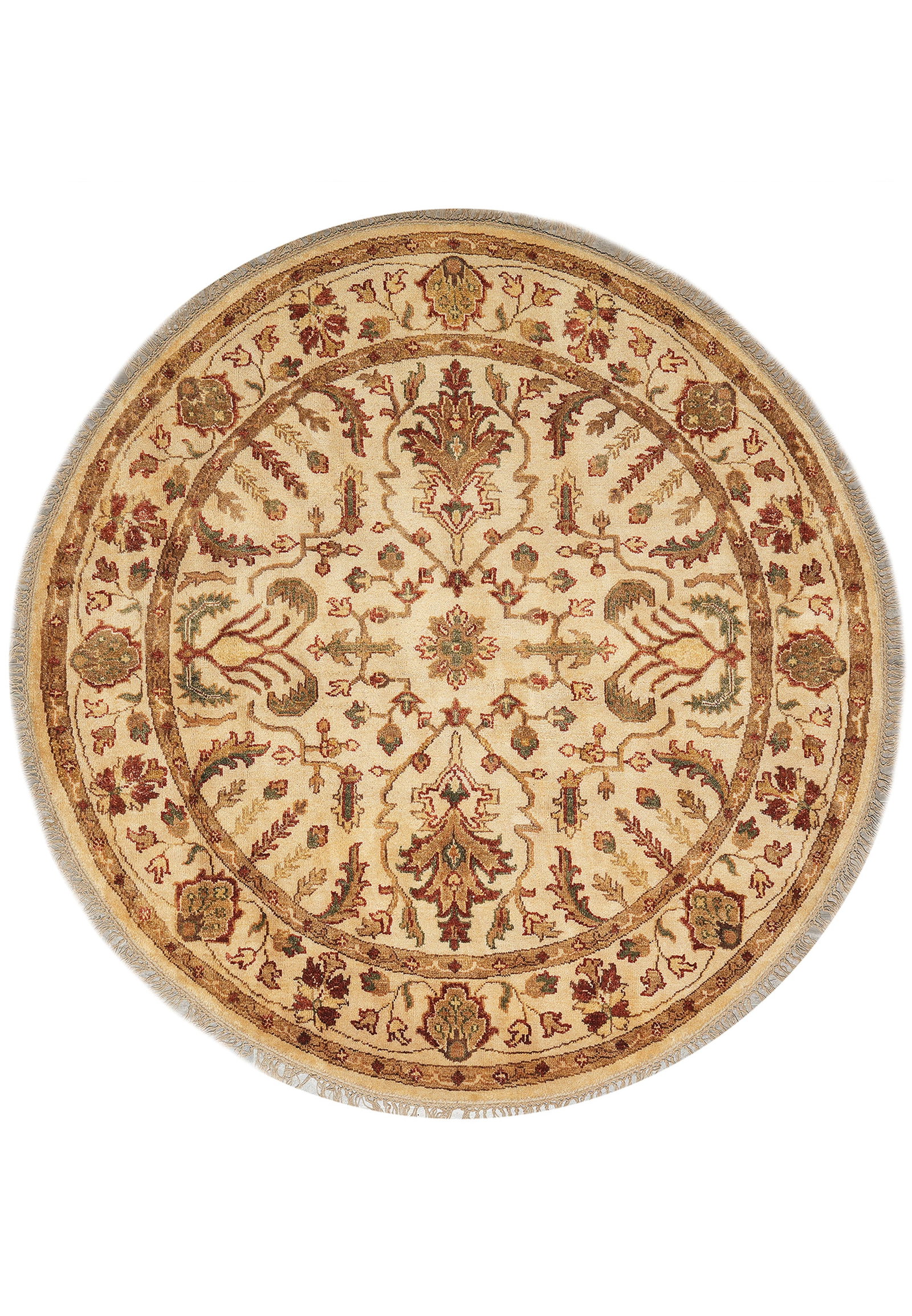 6 x 6 Round Hand Knotted Wool Agra Rug Beige India: 6 x 6 Round Hand Knotted Wool Agra Rug Beige India Free continental US Shipping This 6 x 6 round handmade wool rug is a hand-knotted area rug from India, featuring a light beige field with rich botani