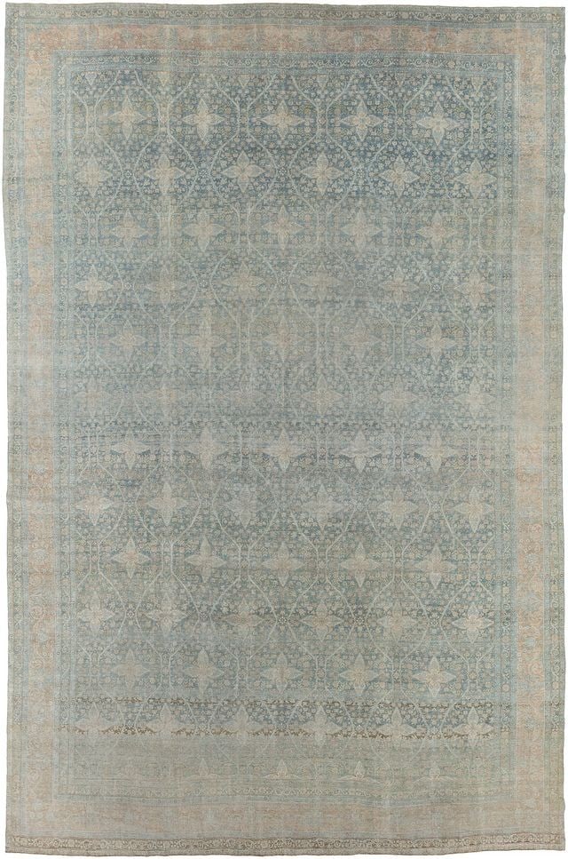 12' 5" x 18' 8" Antique Persian Kerman Rug Blue Floral Field: 12' 5" x 18' 8" Antique Persian Kerman Rug Blue Floral Field Antique Persian Kerman rug from 1900 featuring an all-over floral design on a blue field with peach, cream, and caramel accent colors. This