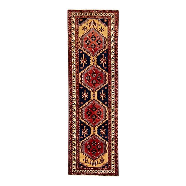 Vintage Persian Shiraz Handmade Wool Runner Blue Geometric Design 3'3 x 10'8: Vintage Persian Shiraz Handmade Wool Runner Blue Geometric Design 3'3 x 10'8 Enhance your space with this exquisite Antique Persian Shiraz Handmade Wool rug featuring a striking navy blue field adorne