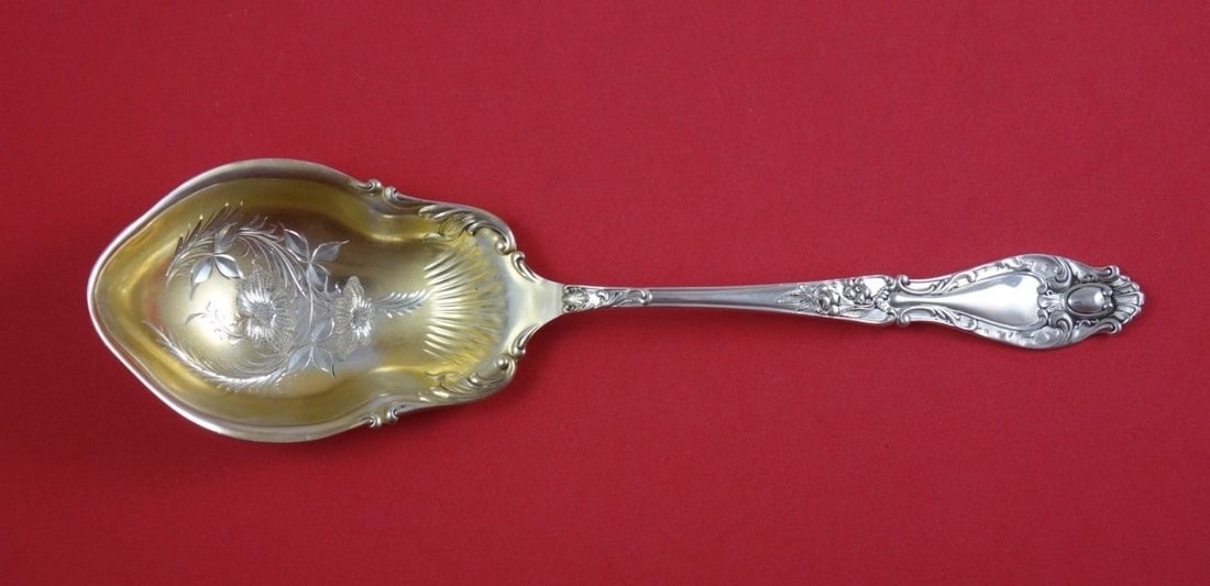 Lunt Verona Sterling Silver Berry Spoon 9 Goldwashed Flower Design (1 of 1)