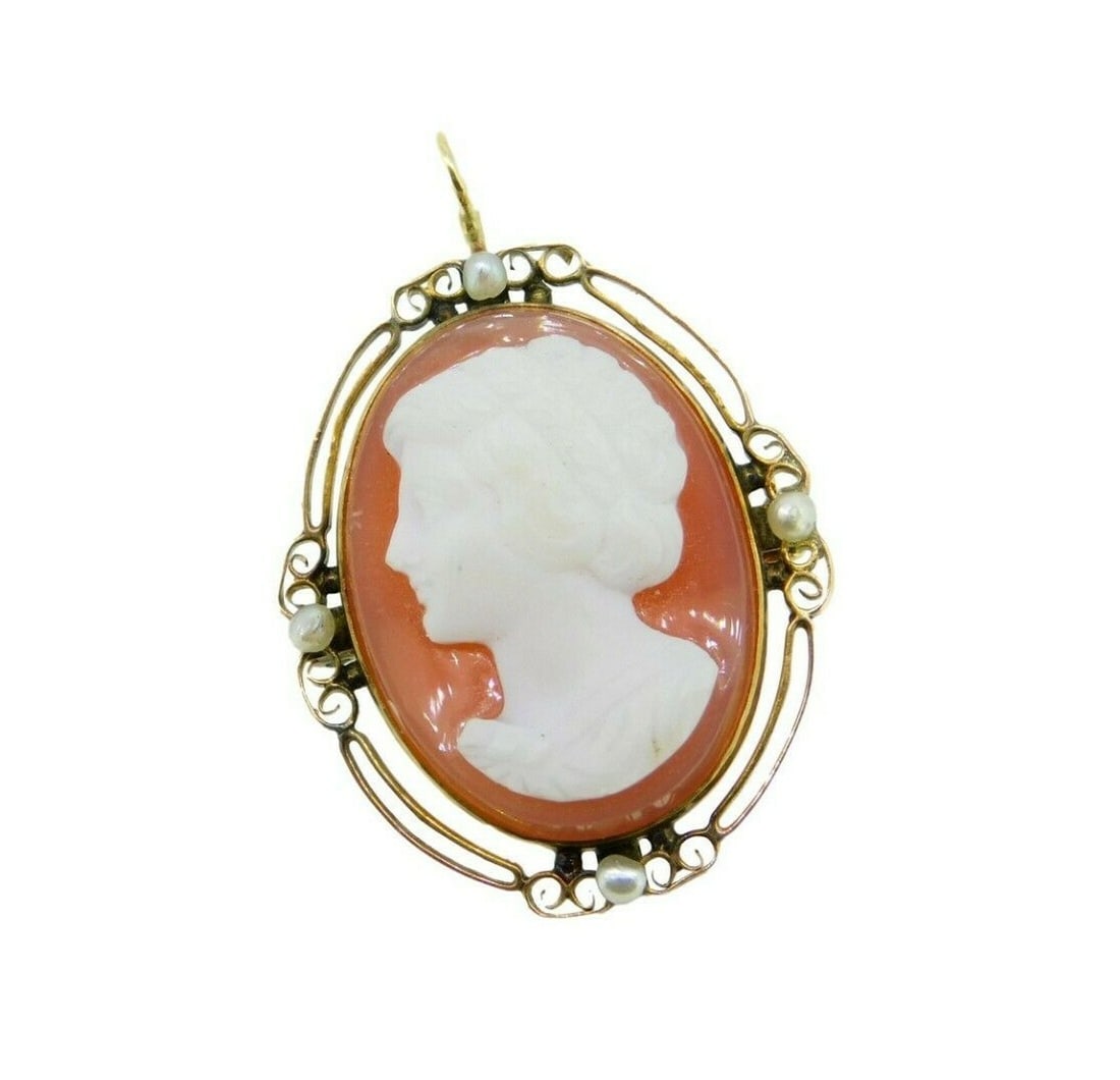 Rose Gold Victorian Agate Cameo Brooch with Four Cultured Pearls (1 of 6)