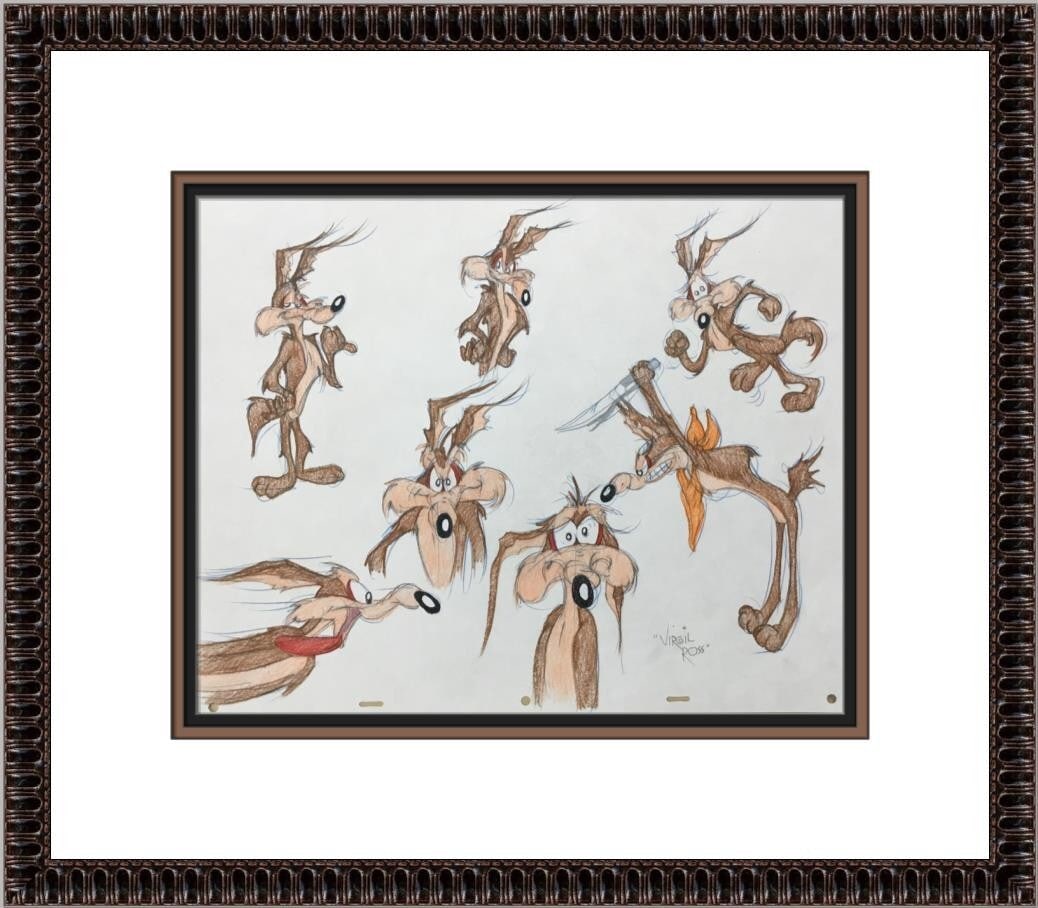 Virgil Ross Signed Wile E Coyote Model Sheet Custom Framed Warner Bros: Virgil Ross Signed Wile E Coyote Model Sheet Custom Framed Warner Bros This is an original signed model sheet drawing of Wile E. Coyote, beautifully custom framed. Created by legendary animator Virgil