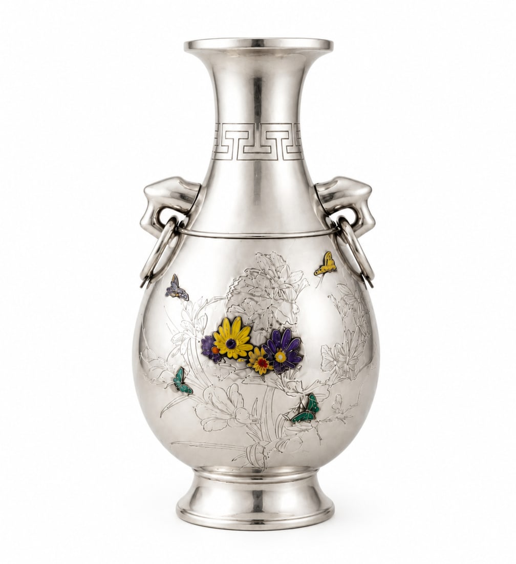 Handmade 16" Korean sterling silver enamel vase with butterfly floral motif: Handmade 16" Korean sterling silver enamel vase with butterfly floral motif Antique Korean handmade vase crafted in 925 sterling silver with enamel decoration. This pre-owned piece features ornate flo