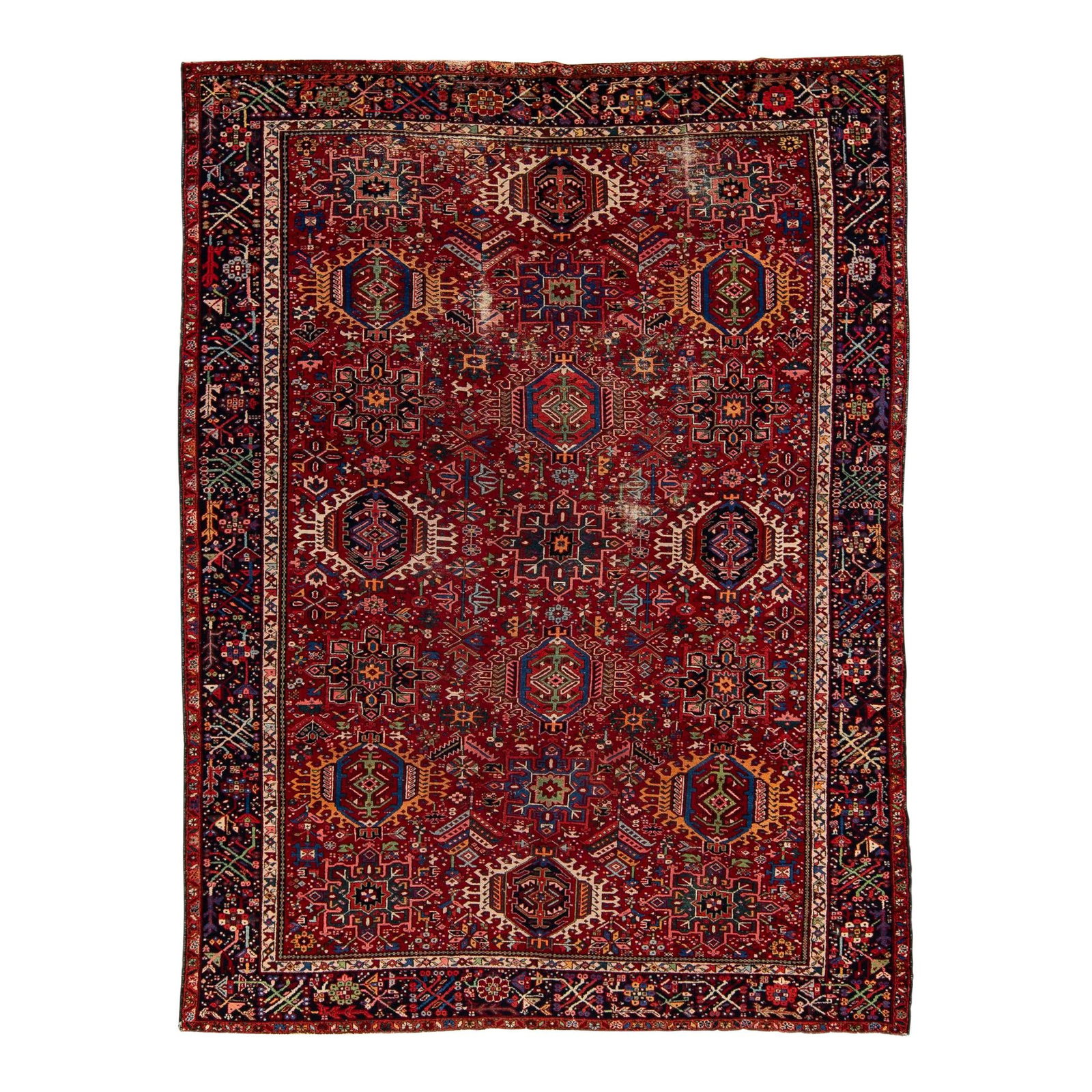 Vintage 1960s Persian Heriz Hand-Knotted Wool Rug 8'05 x 11'05: Vintage 1960s Persian Heriz Hand-Knotted Wool Rug 8'05 x 11'05 Discover this stunning vintage Persian Heriz rug, expertly hand-knotted from high-quality wool. Featuring a vibrant red field complemente