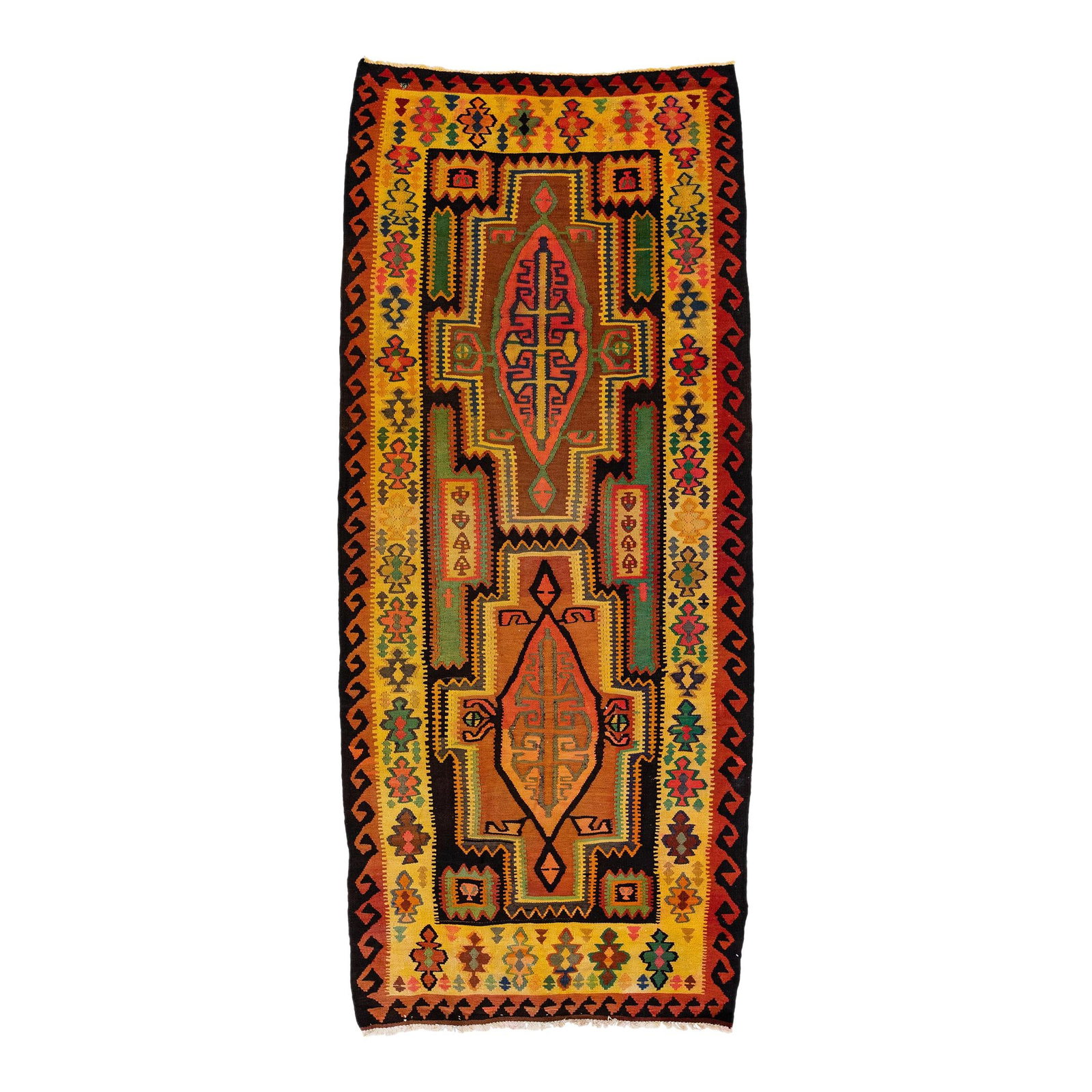 Vintage Turkish Kilim Wool Rug Multicolor Geometric Design 4'7" x 10'4": Vintage Turkish Kilim Wool Rug Multicolor Geometric Design 4'7" x 10'4" This exquisite vintage Turkish Kilim rug showcases a vibrant yellow field with a striking geometric tribal design, accented by m