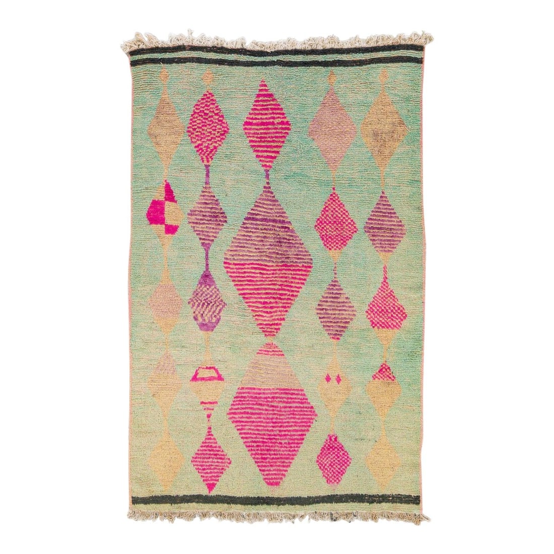 Vintage Azilal Handmade Pink Green Wool Rug 5'8 x 9'1: Vintage Azilal Handmade Pink Green Wool Rug 5'8 x 9'1 Enhance your space with this stunning vintage Azilal Moroccan handmade wool rug, featuring a vibrant green field and captivating pink accents. The