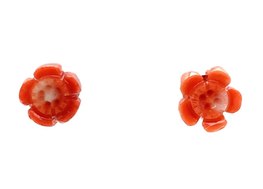 14k Rose Gold Natural Coral Flower Stud Earrings: 14k Rose Gold Natural Coral Flower Stud Earrings Elegant and charming, these 14k Rose Gold Carved Genuine Natural Coral Flower Stud Earrings beautifully showcase a floral design. The earrings feature 