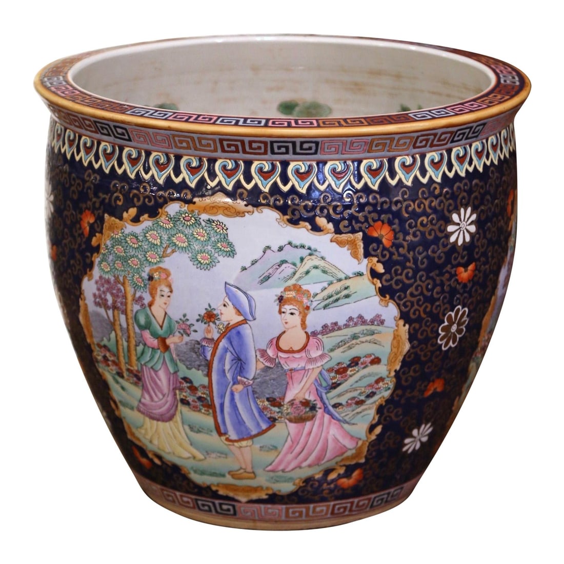 Porcelain Jardiniere with Koi and Courtly Figures Chinese Midcentury Hand Painted: Porcelain Jardiniere with Koi and Courtly Figures Chinese Midcentury Hand Painted This mid-century Chinese porcelain fishbowl, crafted circa 1960, showcases exquisite hand-painted artistry. The exteri