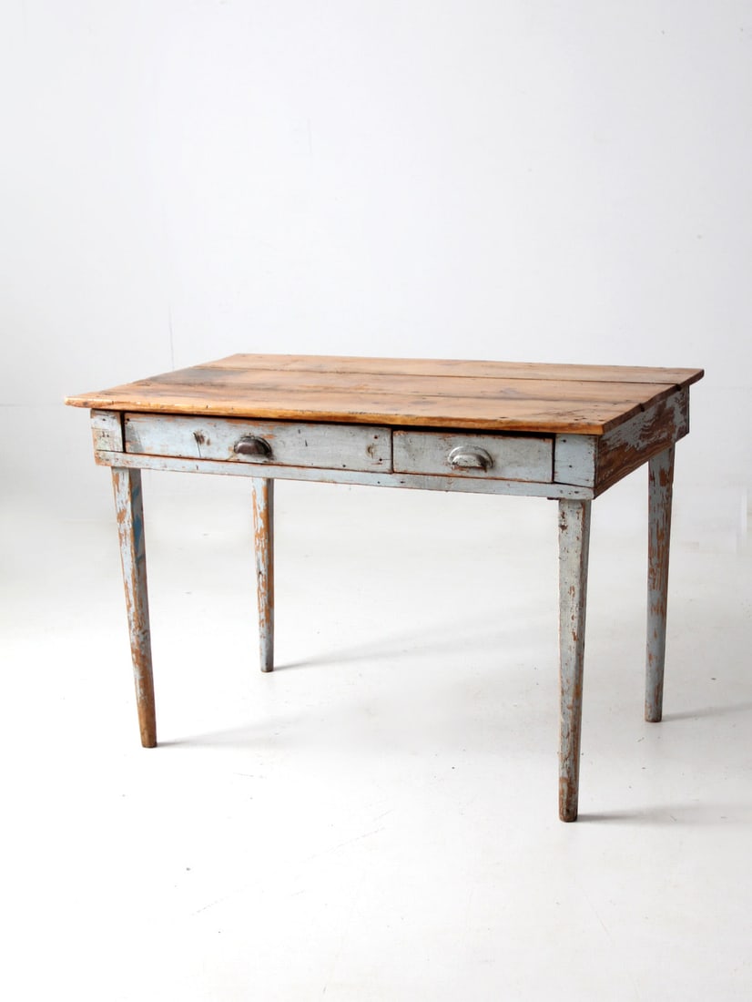 Antique Gray-Blue Painted Side Table with 2 Drawers: Antique Gray-Blue Painted Side Table with 2 Drawers This antique primitive side table showcases a charming design with aged gray-blue paint and a natural wood tabletop. Ideal for use as a writing desk