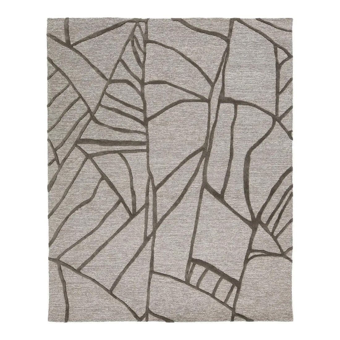 8' x 10' Hand Tufted Wool Rug in Greige with Charcoal Abstract Pattern: 8' x 10' Hand Tufted Wool Rug in Greige with Charcoal Abstract Pattern This modern hand-tufted wool rug features an abstract geometric linear design with a contemporary stained glass or cracked earth 