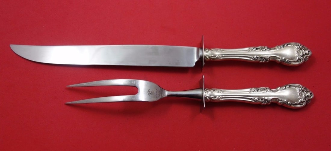 Gorham Melrose Sterling Silver Roast Carving Set 2pc: Gorham Melrose Sterling Silver Roast Carving Set 2pc This exquisite 2-piece roast carving set features the elegant Melrose pattern by Gorham. Crafted from sterling silver with hollow handles and stain