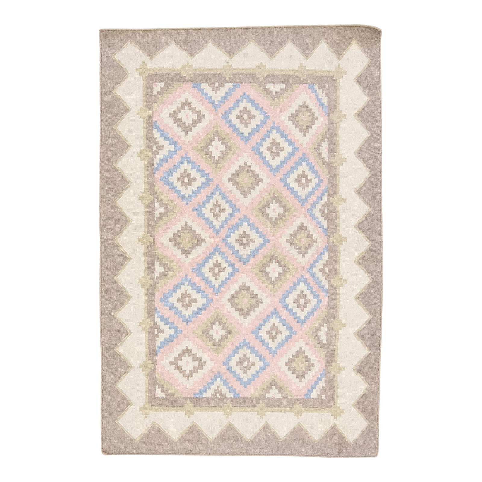 Mid-Century Vintage Kilim Ivory Wool Rug 3'11" x 6'0" Floral Pattern: Mid-Century Vintage Kilim Ivory Wool Rug 3'11" x 6'0" Floral Pattern This Vintage Kilim rug showcases a stunning mid-century design, featuring a beige field adorned with a captivating geometric patter