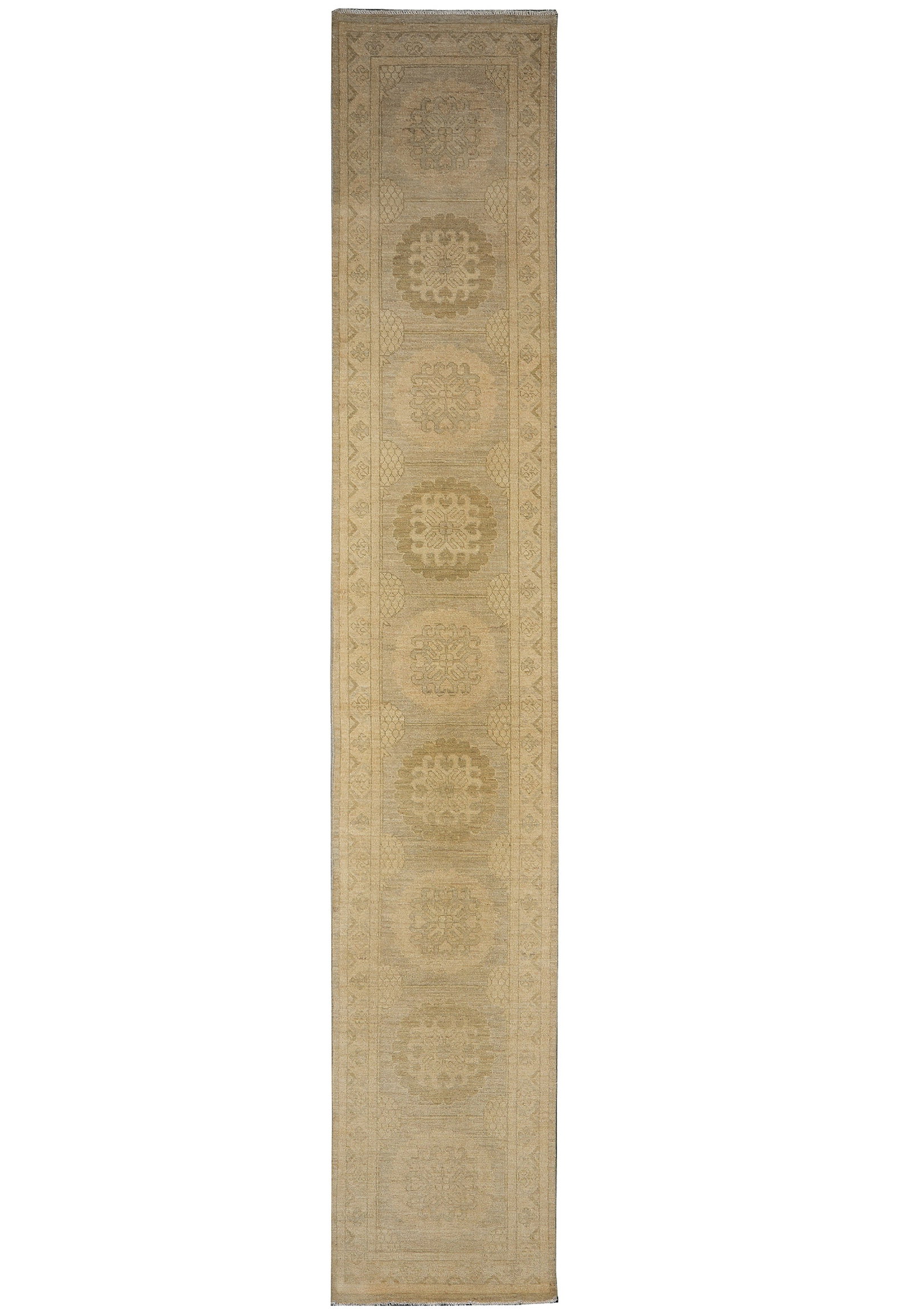 29 in x 164 in Chotan Runner Hand-Knotted Natural Wool Rug: 29 in x 164 in Chotan Runner Hand-Knotted Natural Wool Rug Free continental US Shipping Hand-knotted Chotan runner rug in neutral pastels with beige and light greenish gold accents. Made from natural 