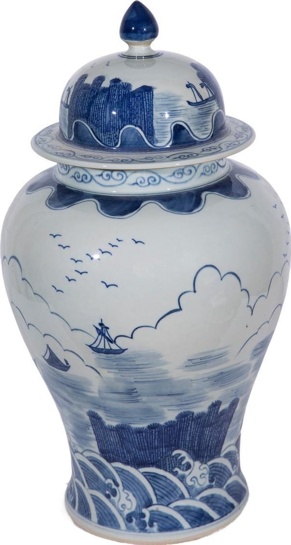 Handcrafted Blue White Ceramic Temple Jar 18H Chinoiserie Decor: Handcrafted Blue White Ceramic Temple Jar 18H Chinoiserie Decor This exquisite handcrafted blue and white temple jar showcases traditional Chinoiserie style, featuring a charming sailboat design. Craf