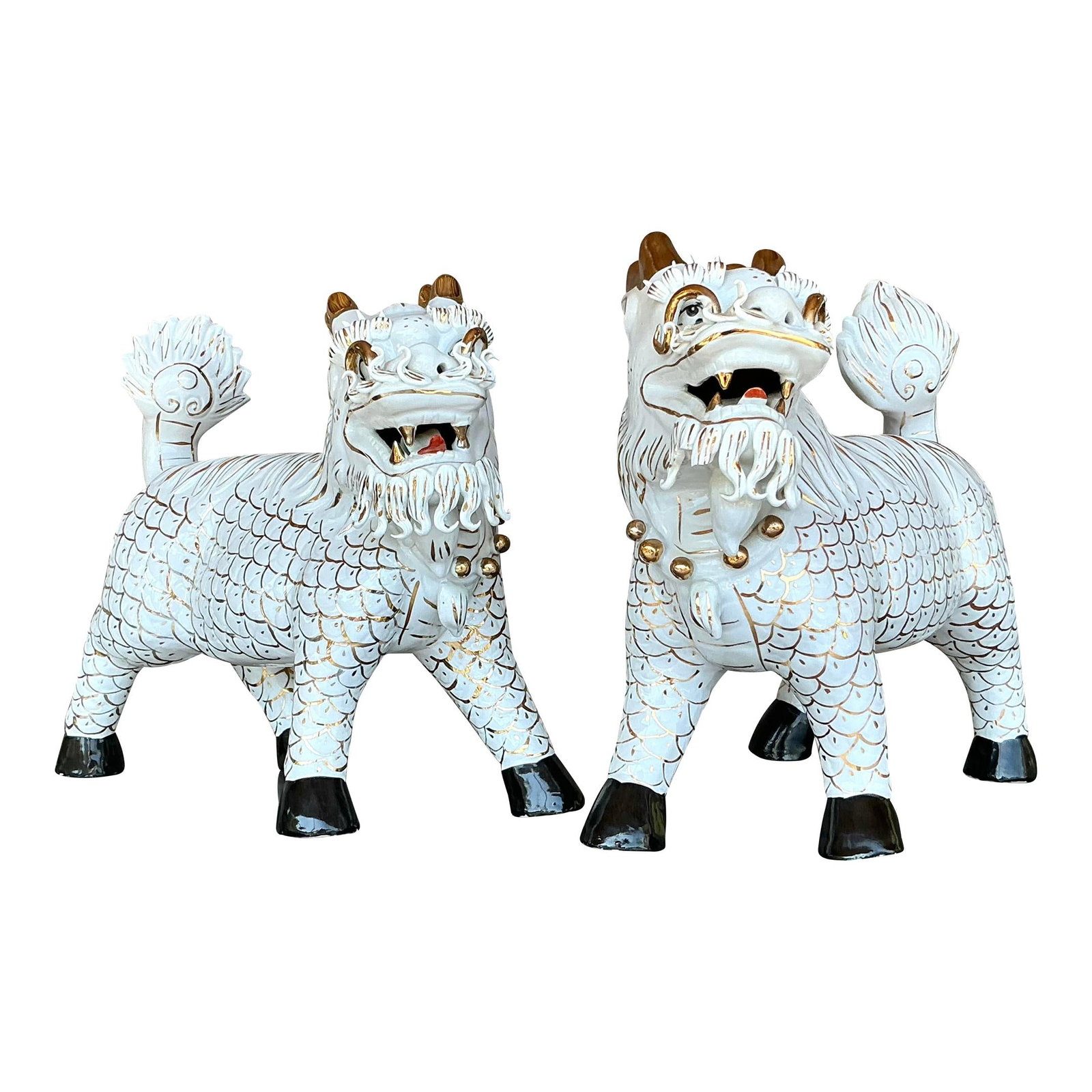Vintage Asian Ceramic Foo Dogs Pair with Gold Accents: Vintage Asian Ceramic Foo Dogs Pair with Gold Accents Enhance your living space with this striking pair of vintage Asian glazed ceramic Foo Dogs. These intricately sculpted guardian lions are adorned 