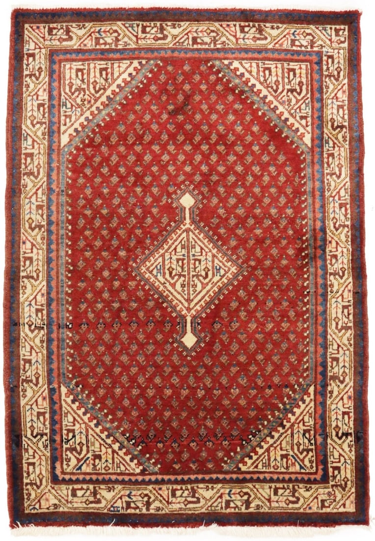 Vintage Hand-Knotted Tribal Wool Rug 3'6 x 5' Geometric Pattern Western Asia: Vintage Hand-Knotted Tribal Wool Rug 3'6 x 5' Geometric Pattern Western Asia This vintage hand-knotted area rug features a striking tribal design with geometric patterns in rich shades of red, cream, 