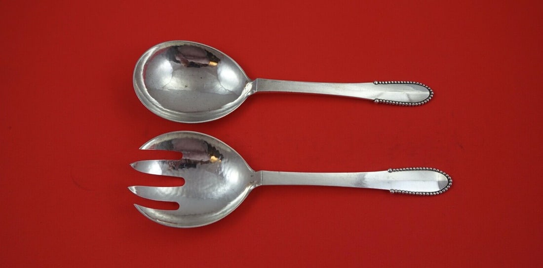 Georg Jensen Beaded Sterling Silver Salad Serving Set 8 Inch: Georg Jensen Beaded Sterling Silver Salad Serving Set 8 Inch Introducing the exquisite Beaded Salad Serving Set by Georg Jensen, crafted from high-quality sterling silver. This elegant set features a 