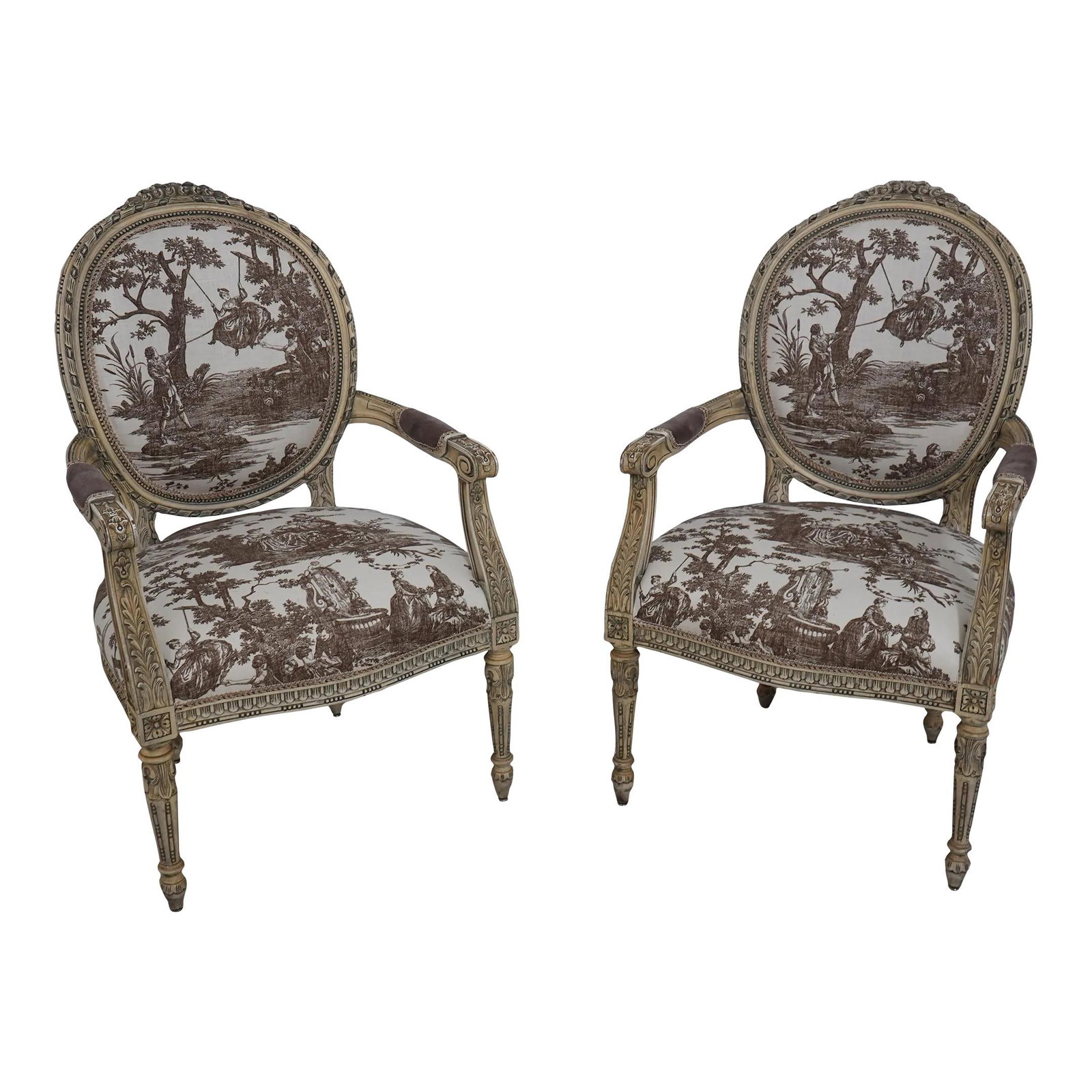 Vintage French Louis XVI Medallion Back Armchairs Pair C.1900-1920s (1 of 10)