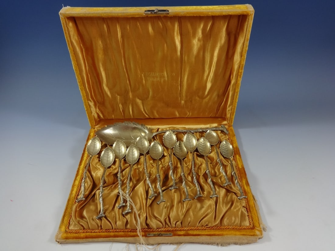 Exquisite 1884 German 800 Silver Ice Cream Set with Vermeil in Fitted Box: Exquisite 1884 German 800 Silver Ice Cream Set with Vermeil in Fitted Box This exquisite German 800 silver ice cream set, dated 1884, includes a beautifully crafted ice cream server measuring 9 1/4 in