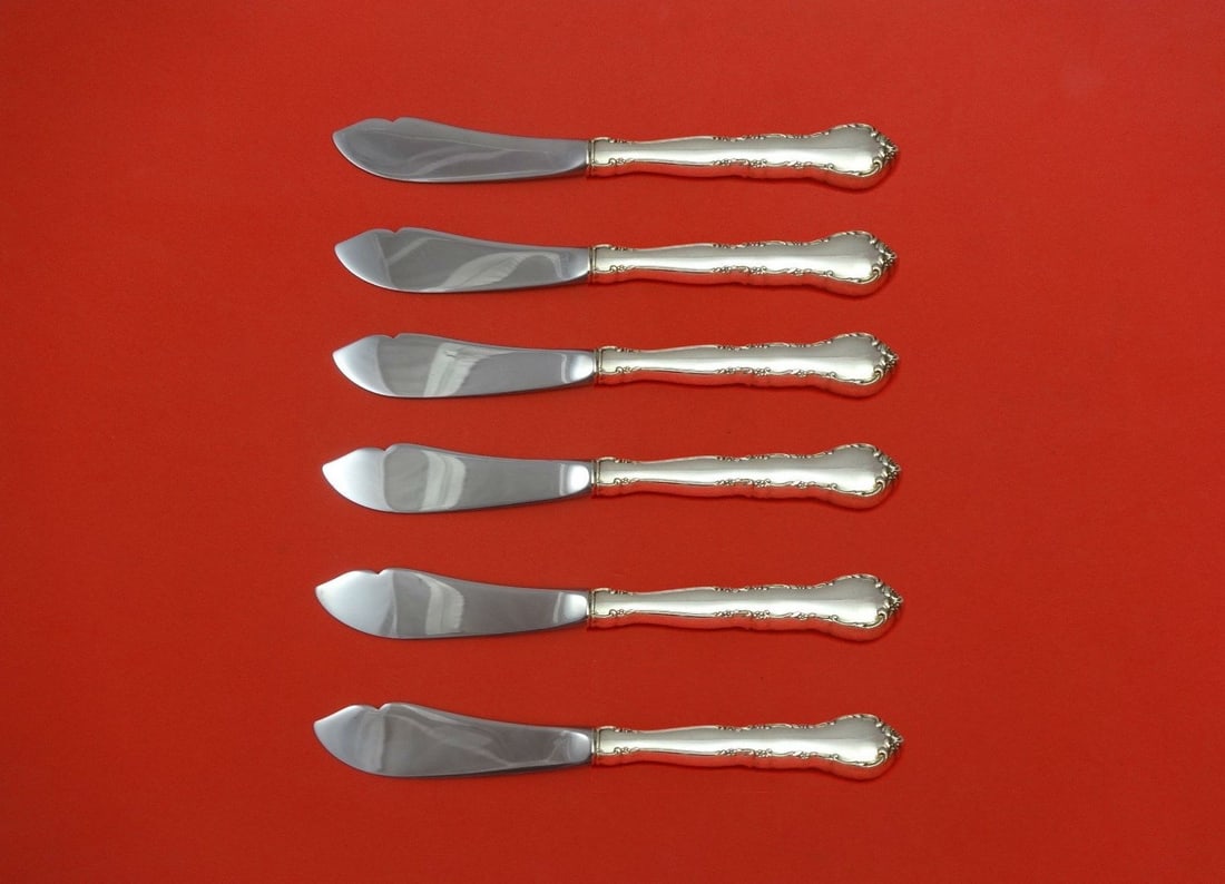 Lunt Mignonette Sterling Silver 6pc Trout Knife Set Custom Made 7.5": Lunt Mignonette Sterling Silver 6pc Trout Knife Set Custom Made 7.5" This exquisite 6-piece trout knife set is crafted from high-quality sterling silver by Lunt, featuring a hollow handle and stainles