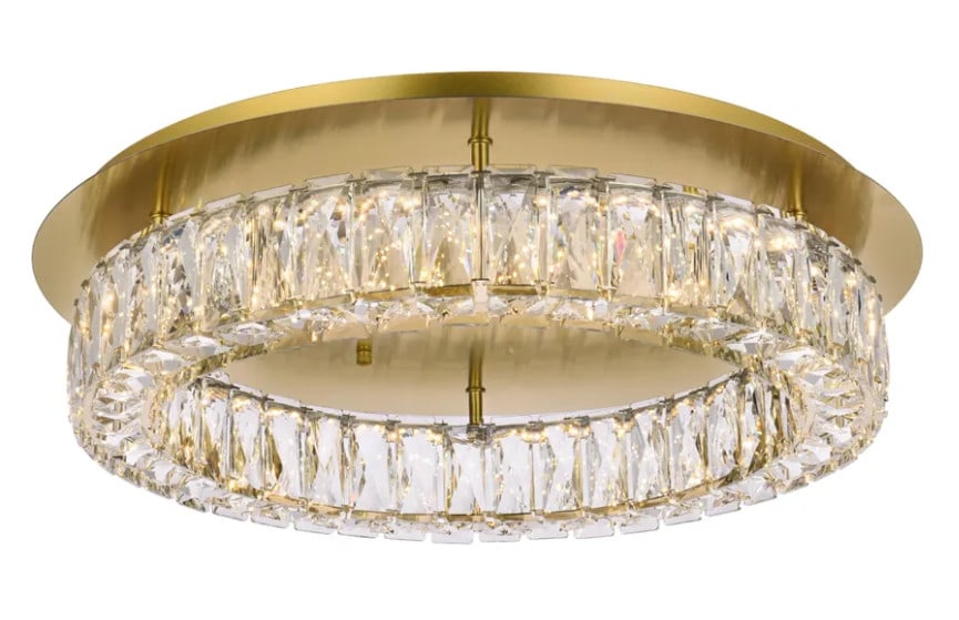 Monroe Gold Flush Mount Crystal LED Chandelier 22 Inch: Monroe Gold Flush Mount Crystal LED Chandelier 22 Inch This modern flush mount crystal chandelier features a bronzish gold finish and a round design, making it a stylish addition to dining rooms, livi
