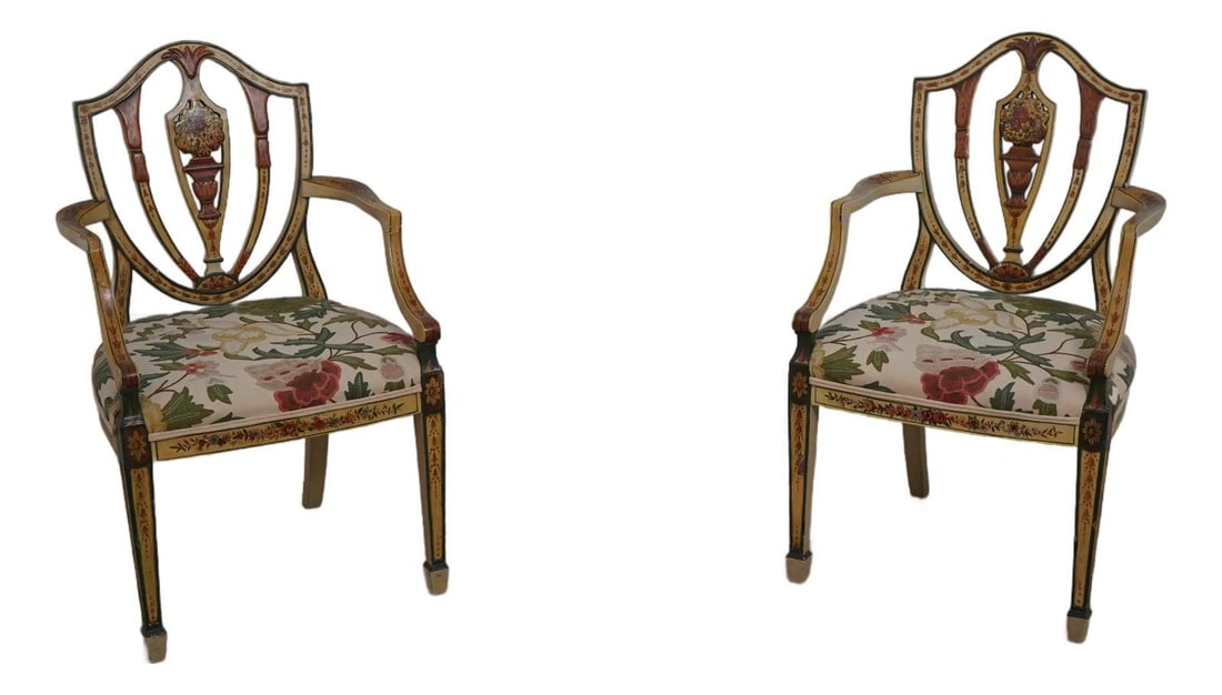 Vintage pair shield back wood chairs with painted crewelwork seats (1 of 10)
