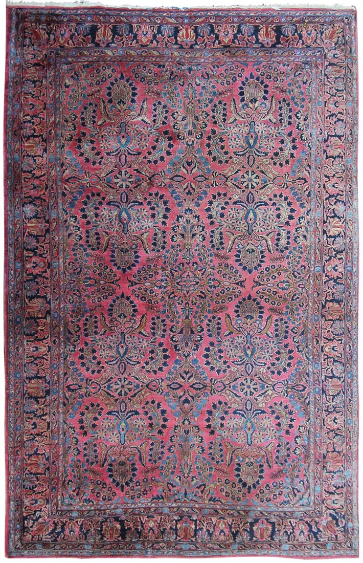 Antique Mohajeran Wool Area Rug 7x11 Hand Knotted Floral Red: Antique Mohajeran Wool Area Rug 7x11 Hand Knotted Floral Red This is an antique Persian Sarouk Mohajeran rug, hand-knotted circa 1900. The rug features a traditional floral pattern with an overall des