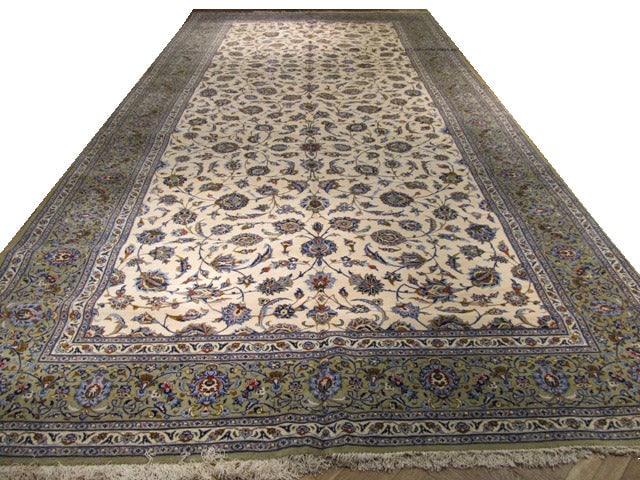 Large Ivory Persian Kashan Rug 8'10 x 18'1 Handcrafted Area Rug: Large Ivory Persian Kashan Rug 8'10 x 18'1 Handcrafted Area Rug Free continental US Shipping Transform your space with the exquisite 8.10 x 18.1 Large Ivory Persian Kashan Rug. Handcrafted by skilled 