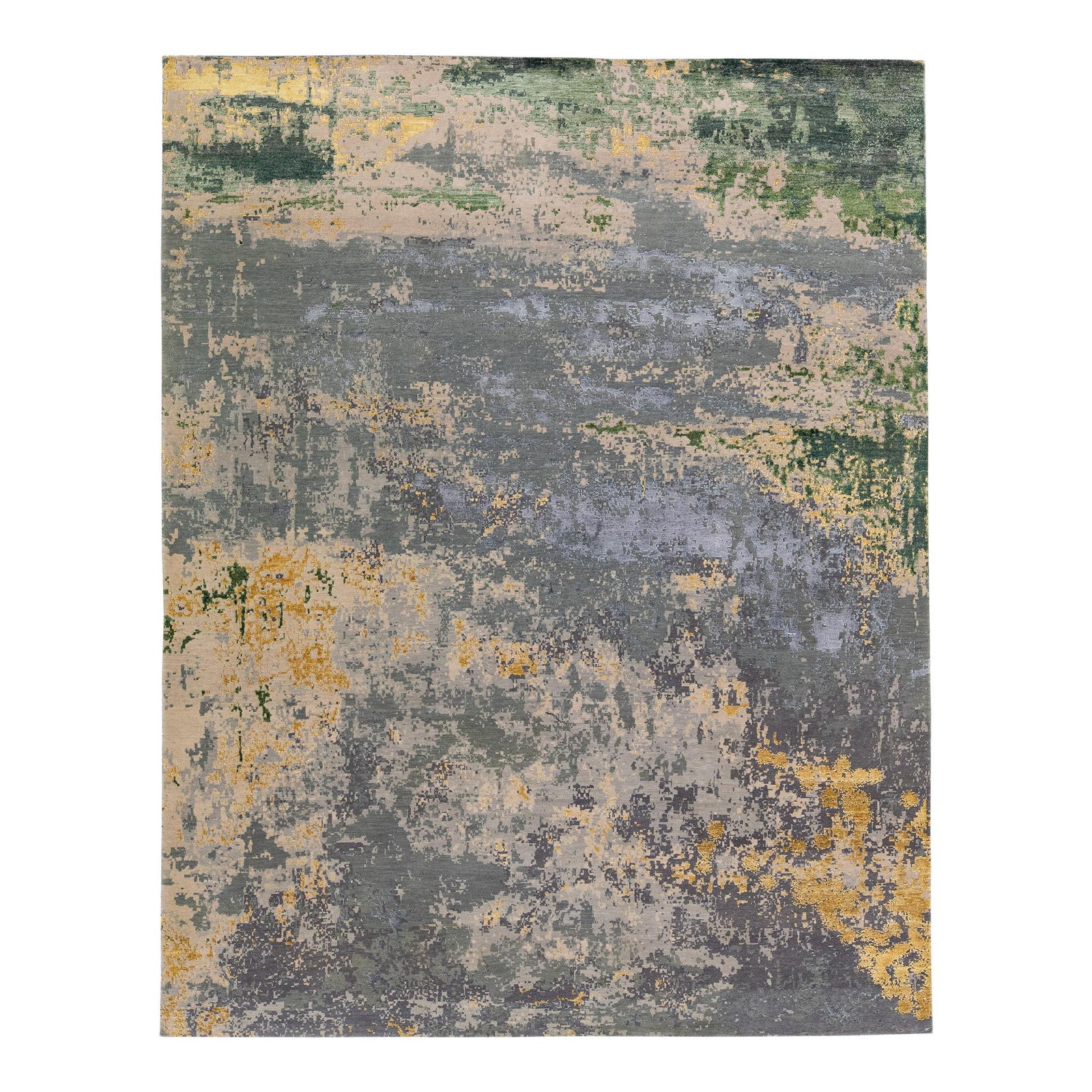Handmade Abstract Gray Wool Silk Rug 8' x 10' Indian Design: Handmade Abstract Gray Wool Silk Rug 8' x 10' Indian Design Elevate your living space with this exquisite handmade rug, crafted from a luxurious blend of wool and silk. The abstract design features a 