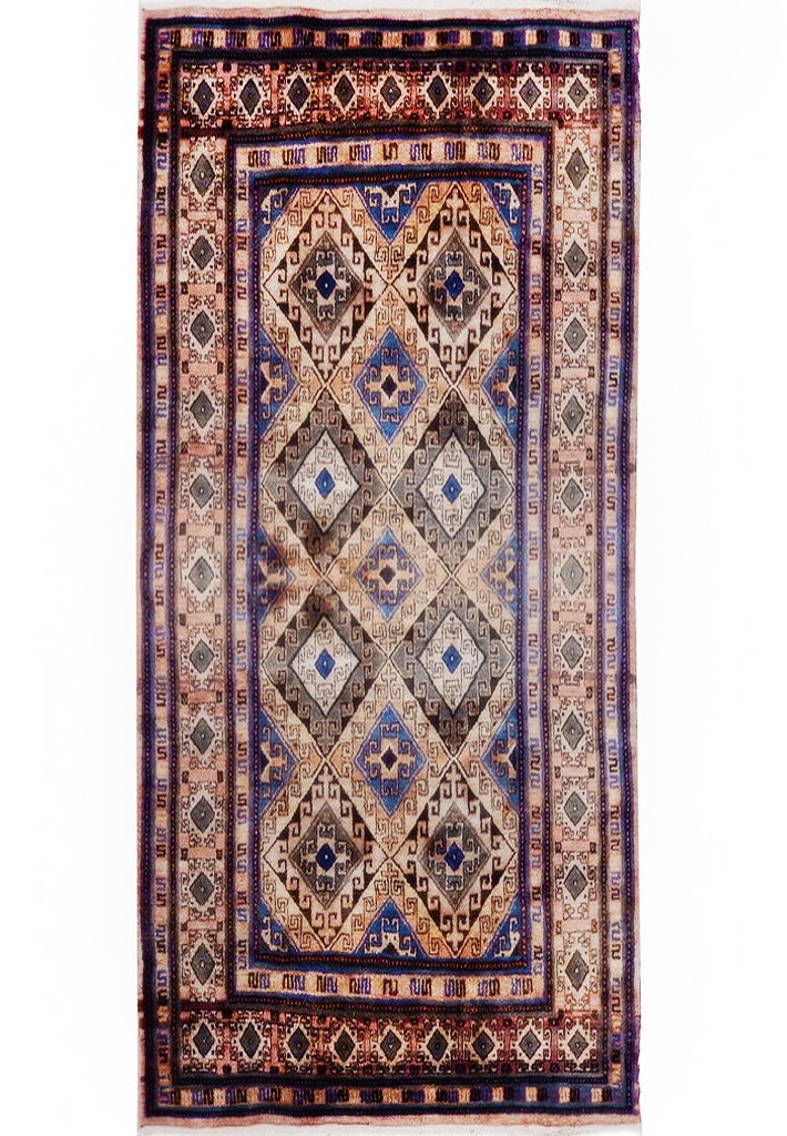 4'3" x 7'10" Tan Brown Semi-Antique Russian Kazak Runner Handmade Wool Rug: 4'3" x 7'10" Tan Brown Semi-Antique Russian Kazak Runner Handmade Wool Rug Free continental US Shipping Introducing the 4' 3" x 7' 10" Tan Brown Semi-Antique Russian Kazak Runner, a stunning piece tha