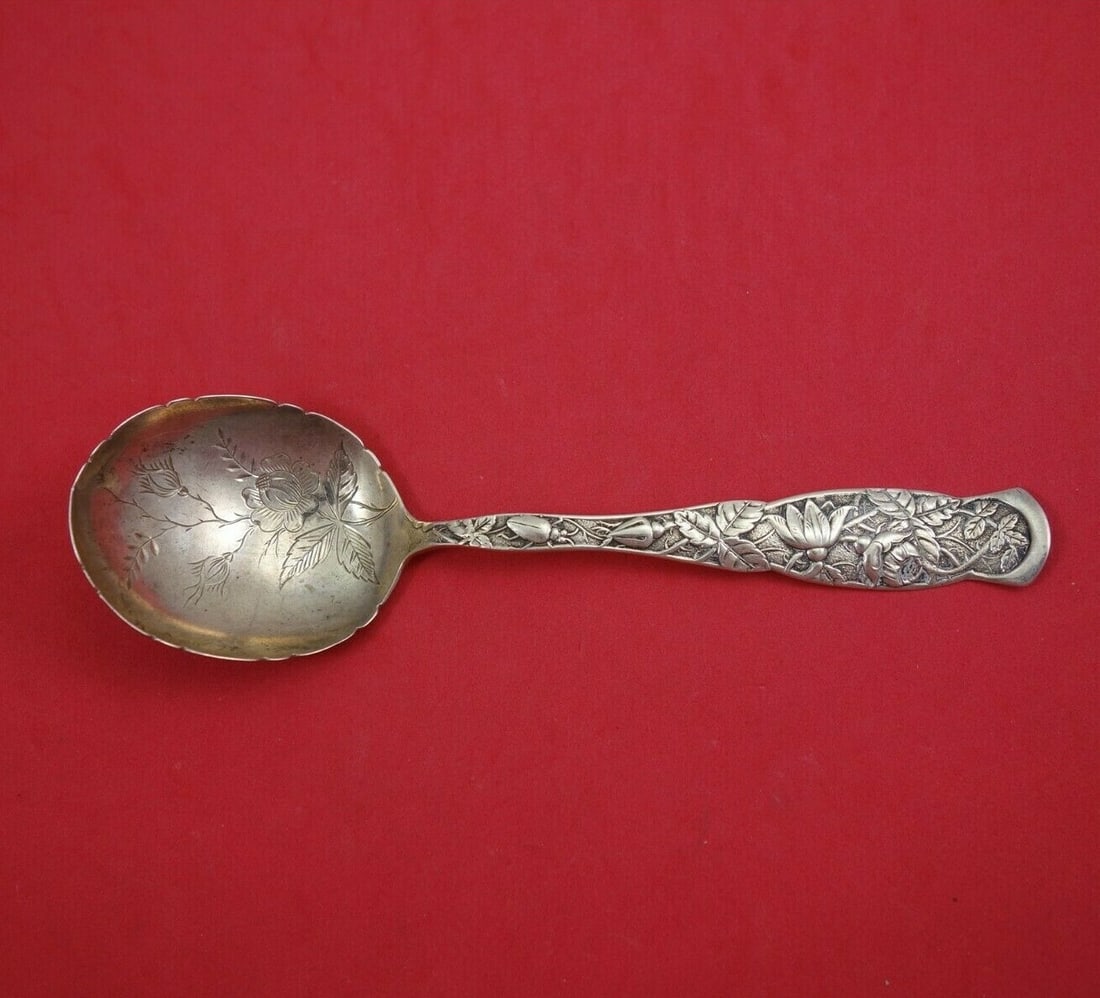 Knowles Rose aka Bug Sterling Silver Serving Spoon 7": Knowles Rose aka Bug Sterling Silver Serving Spoon 7" This exquisite serving spoon from Knowles, known as the "Rose aka Bug" pattern, features a stunning bright-cut design embellished with flowers in 