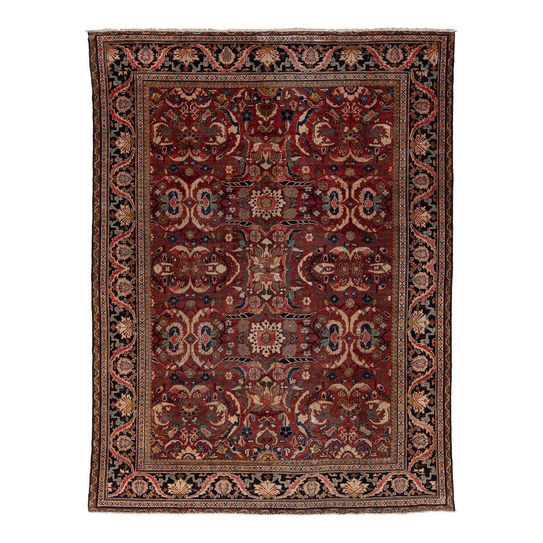 8'9" x 11'8" Vintage Mahal Wool Rug Oversized Floral Persian Hand-Knotted 1940s: 8'9" x 11'8" Vintage Mahal Wool Rug Oversized Floral Persian Hand-Knotted 1940s This vintage Persian Mahal area rug from the 1940s features a vibrant madder-red field with an oversized Shah Abbasi flo
