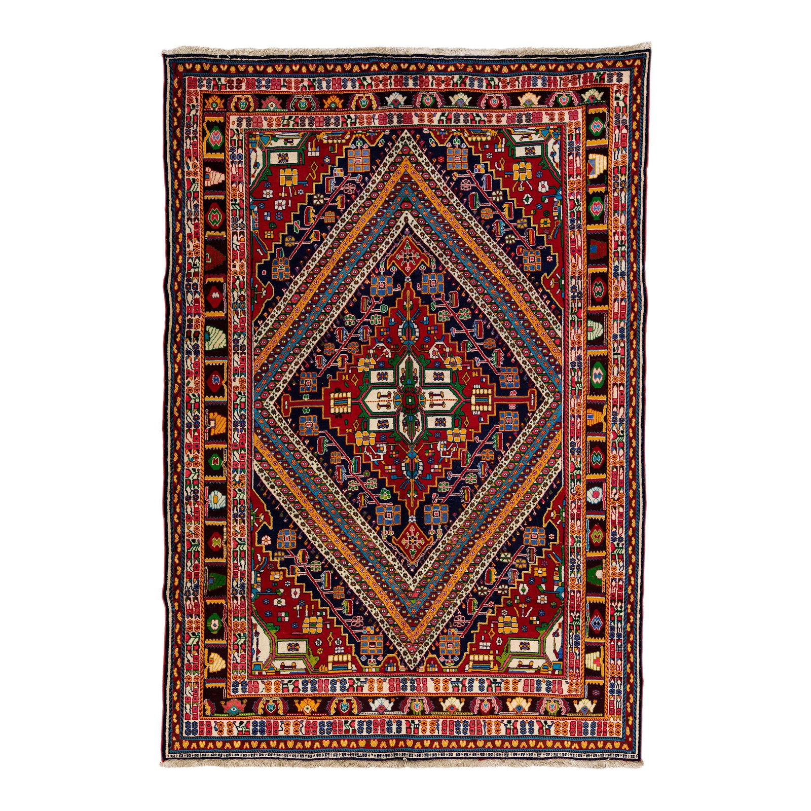Vintage Handmade Shiraz Red Geometric Wool Rug 6'8 x 9'11: Vintage Handmade Shiraz Red Geometric Wool Rug 6'8 x 9'11 Enhance your space with this stunning Vintage Handmade Shiraz Wool Rug, featuring a vibrant red field adorned with a multicolor geometric desi