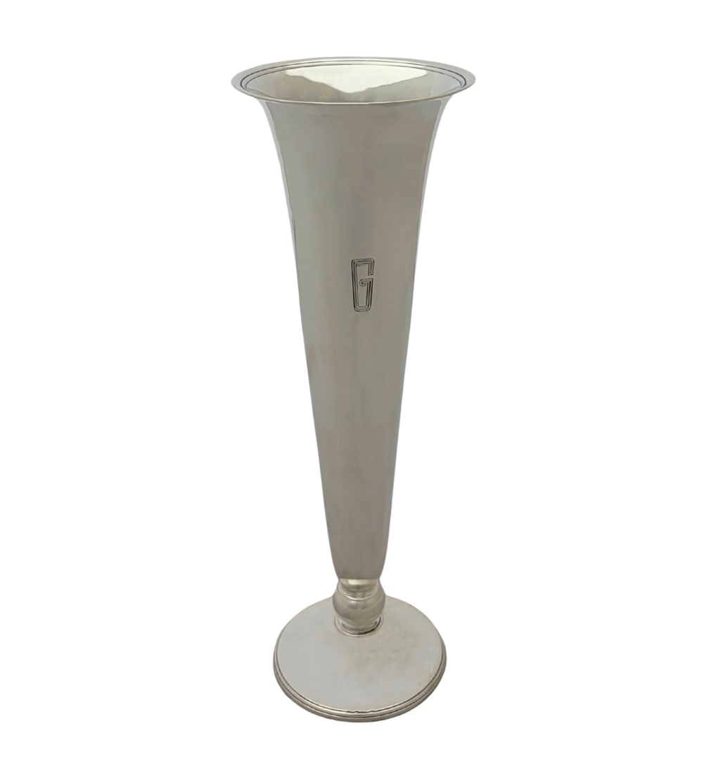 Tiffany & Co Sterling Silver Flower Trumpet Vase Monogrammed 12 Inch: Tiffany & Co Sterling Silver Flower Trumpet Vase Monogrammed 12 Inch This antique vase by Tiffany & Co. is crafted from sterling silver (.925) and features a sleek, shiny finish. The vase is monogramm