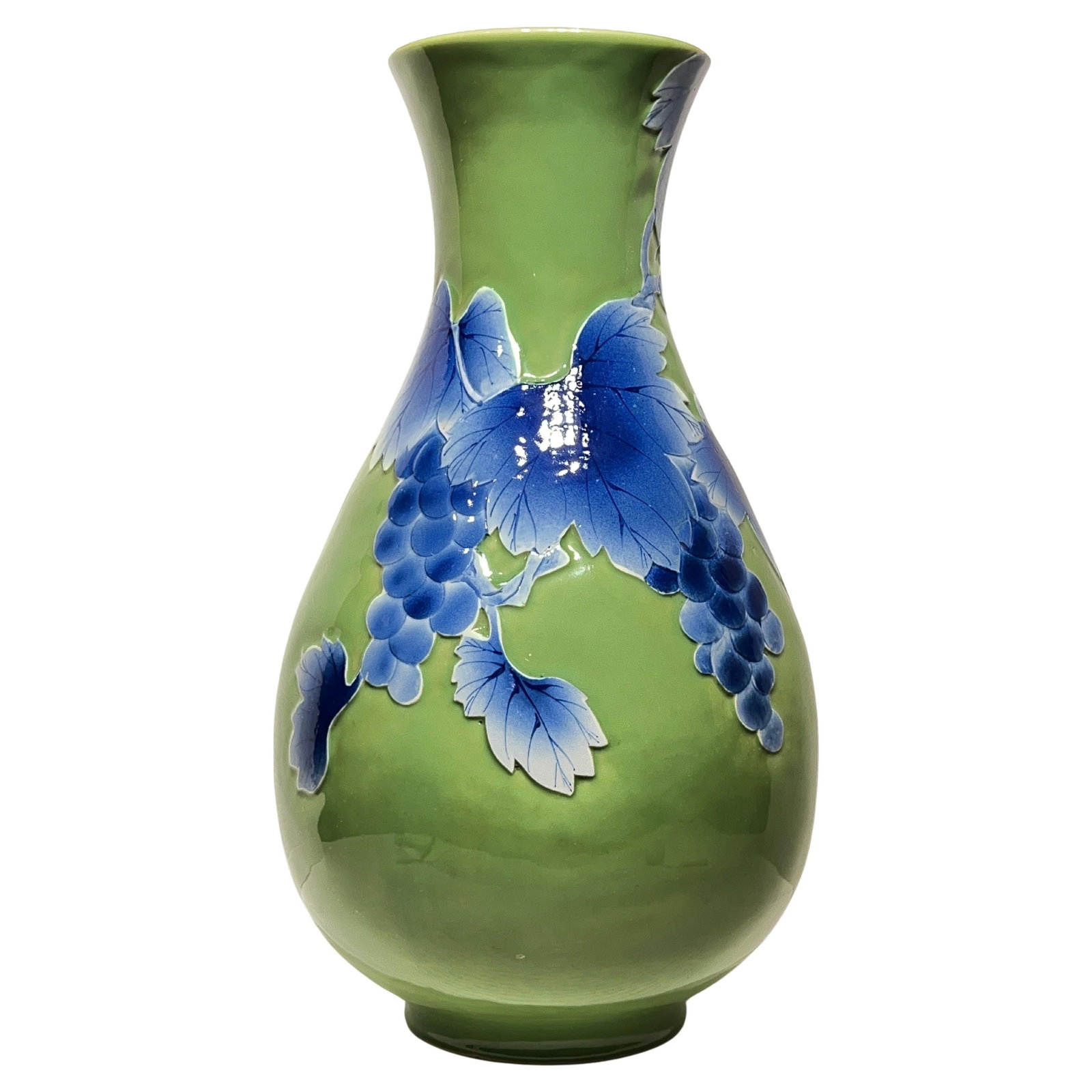 Mid-Century Japanese Ceramic Vase Lime Green With Blue Grapevine Motif 23.5 Inch: Mid-Century Japanese Ceramic Vase Lime Green With Blue Grapevine Motif 23.5 Inch This large vintage Japanese ceramic vase features a striking lime green and blue glazed finish. The design showcases ra