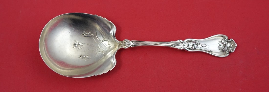 Sterling Silver Preserve Spoon Violet Pattern by Whiting 7.5 Inch Gold Wash: Sterling Silver Preserve Spoon Violet Pattern by Whiting 7.5 Inch Gold Wash This Violet pattern preserve spoon by Whiting is crafted from sterling silver with a light gold wash. Measuring 7 1/2 inches