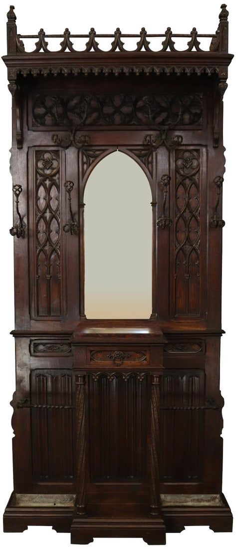 Gothic Antique Hall Tree with Mirror and Marble Top 1880 (1 of 7)