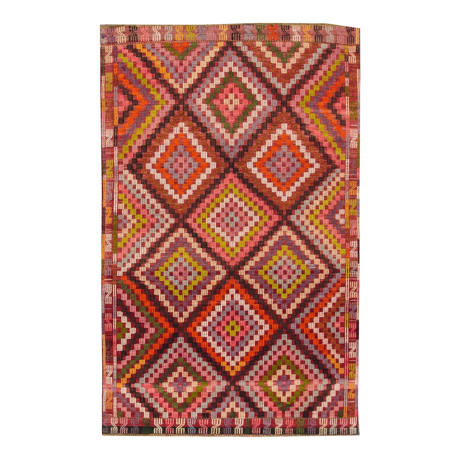 Handmade Vintage Turkish Kilim Pink Geometric Wool Rug 6'1 x 9'9: Handmade Vintage Turkish Kilim Pink Geometric Wool Rug 6'1 x 9'9 This exquisite vintage Turkish Kilim rug features a stunning pink field adorned with a vibrant all-over geometric design. Hand-knotted 