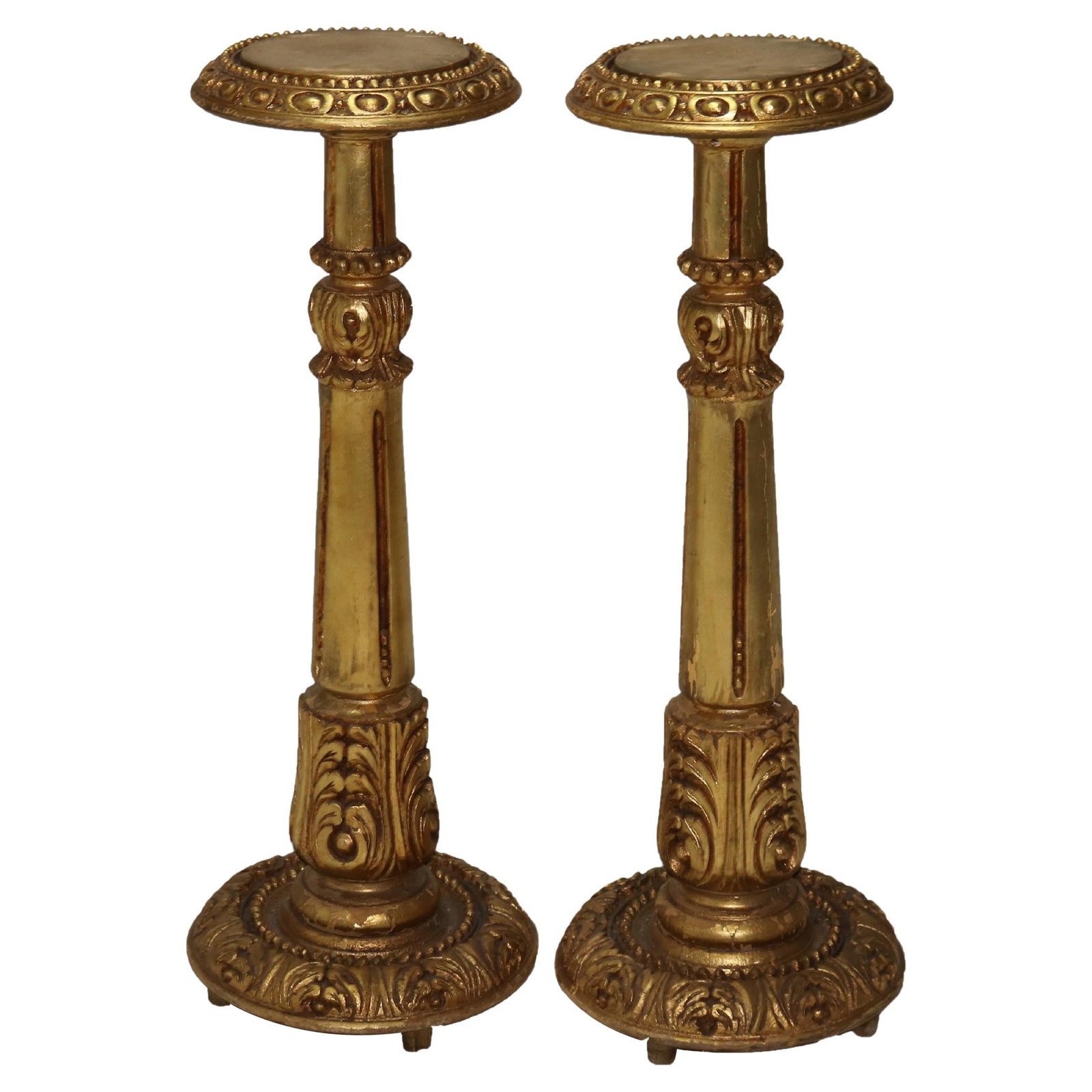 Set of 2 Antique Neoclassical Giltwood Display Stands C1930: Set of 2 Antique Neoclassical Giltwood Display Stands C1930 This exquisite pair of antique Neoclassical giltwood sculpture display stands, crafted circa 1930, showcases intricate acanthus leaf carving