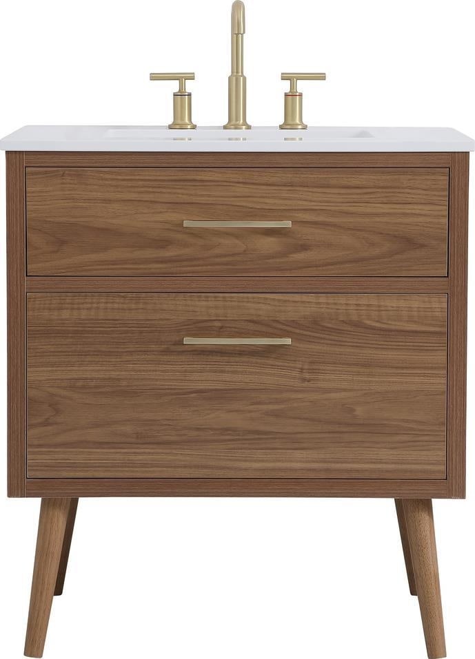 Elegant Lighting 30" Midcentury Bathroom Vanity with Tapered Legs: Elegant Lighting 30" Midcentury Bathroom Vanity with Tapered Legs This stylish midcentury bathroom vanity combines elegance and functionality with its sleek design. Crafted from engineered stone, porc