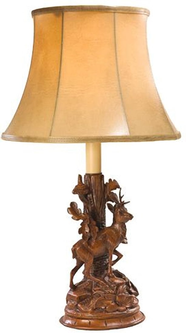 Lodge Style Cast Resin Deer Table Lamp with Faux Leather Shade: Lodge Style Cast Resin Deer Table Lamp with Faux Leather Shade This item is made at time of order. Please allow 42 to 70 days for production. Illuminate your space with this exquisite Cast Resin Deer 