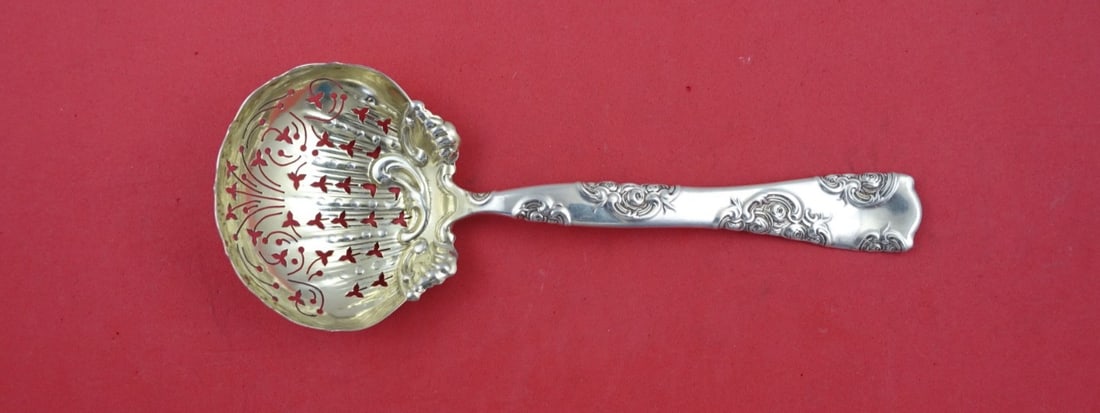 Whiting Rose and Scroll Sterling Silver Pea Spoon 7 Gold Washed Pierced Clover: Whiting Rose and Scroll Sterling Silver Pea Spoon 7 Gold Washed Pierced Clover This exquisite serving spoon features the elegant Rose and Scroll pattern by Whiting, crafted from high-quality sterling 