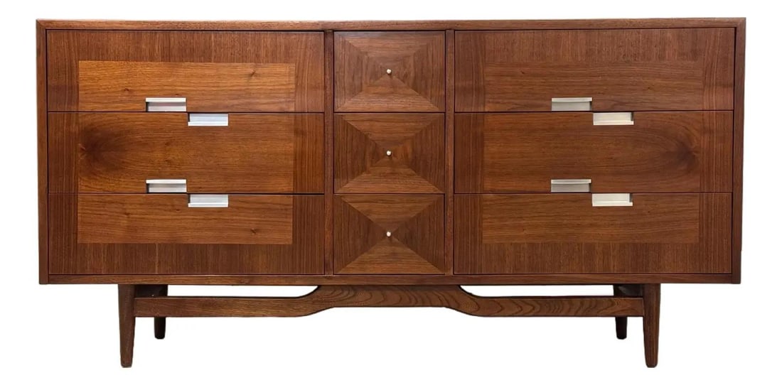 Mid Century Modern American of Martinsville Walnut Dresser with Aluminum Inlay: Mid Century Modern American of Martinsville Walnut Dresser with Aluminum Inlay This striking mid-century modern dresser showcases a refined walnut finish and features nine spacious drawers adorned wit