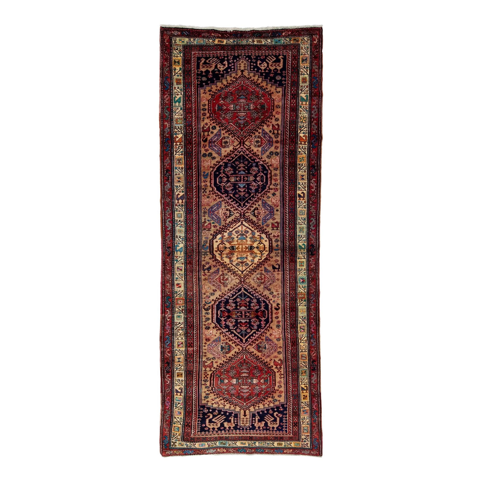 Vintage Persian Serab Wool Runner 3'10" x 10'1" Multicolor Tribal Design: Vintage Persian Serab Wool Runner 3'10" x 10'1" Multicolor Tribal Design Enhance your space with this exquisite Vintage Persian Serab wool runner rug. Featuring a rich light brown color field, this ha