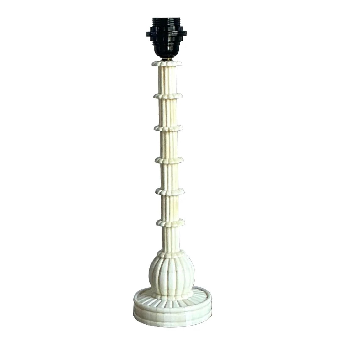 Bone Inlay Table Lamp with Carved Bohemian Candlestick Design 14 Inch: Bone Inlay Table Lamp with Carved Bohemian Candlestick Design 14 Inch This vintage candlestick table lamp features a striking bone inlay design with a delicately carved column and base, showcasing art