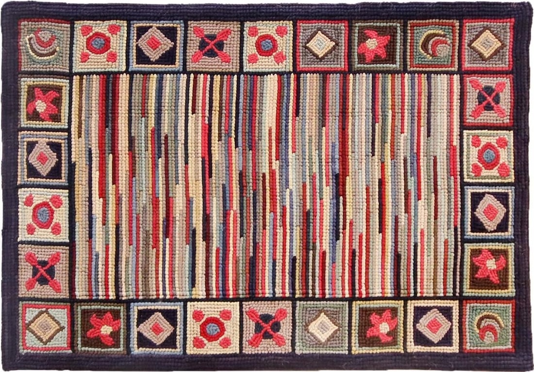Sustainable Multi-Color Hooked Rug 3x5 American Style: Sustainable Multi-Color Hooked Rug 3x5 American Style This beautiful hooked rug combines traditional craftsmanship with sustainable materials, featuring a vibrant multi-color design that adds characte