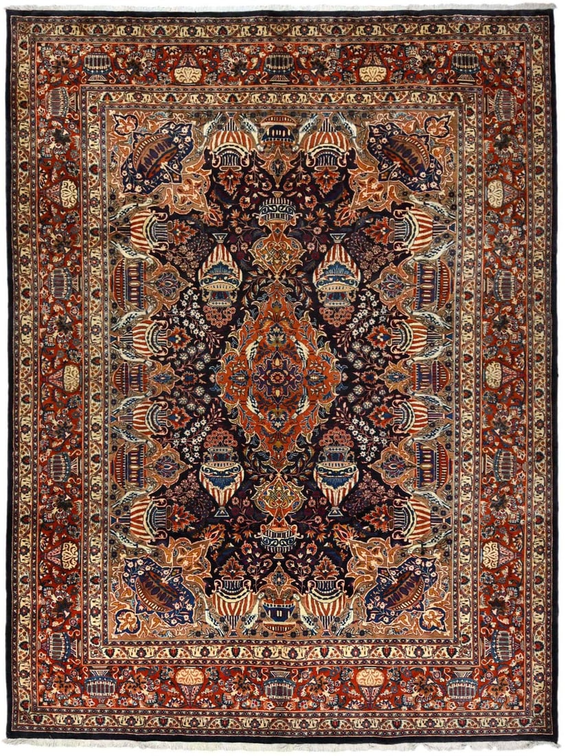 9'8 X 12'11 Handmade Wool Area Rug Pictorial Medallion Vintage: 9'8 X 12'11 Handmade Wool Area Rug Pictorial Medallion Vintage Handmade vintage oriental area rug with a pictorial medallion design in dark purple and navy with cream, burnt orange, blue, gold, and kh