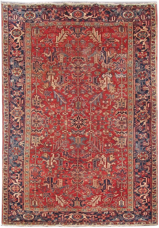 Persian Heriz Rug 6'10 x 10'10 Handcrafted All Over Pattern Silk-Like Pile: Persian Heriz Rug 6'10 x 10'10 Handcrafted All Over Pattern Silk-Like Pile Free continental US Shipping Elevate your space with this stunning 6' 10" x 10' 10" Red Persian Heriz Rug, handcrafted by ski