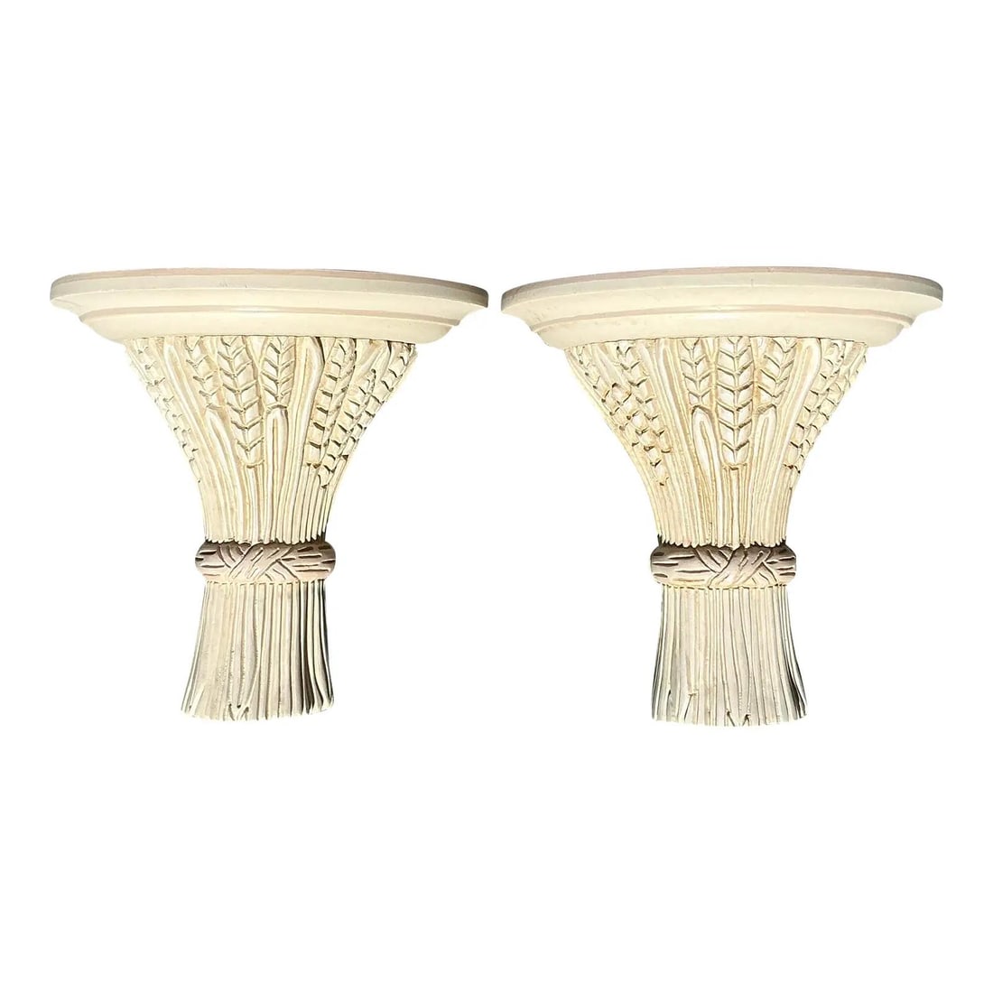 Vintage Cream Lacquered Sheaf of Wheat Wall Brackets - Pair: Vintage Cream Lacquered Sheaf of Wheat Wall Brackets - Pair Enhance your space with this exquisite pair of vintage wall brackets, featuring a beautiful sheaf of wheat design. Each bracket is intricate